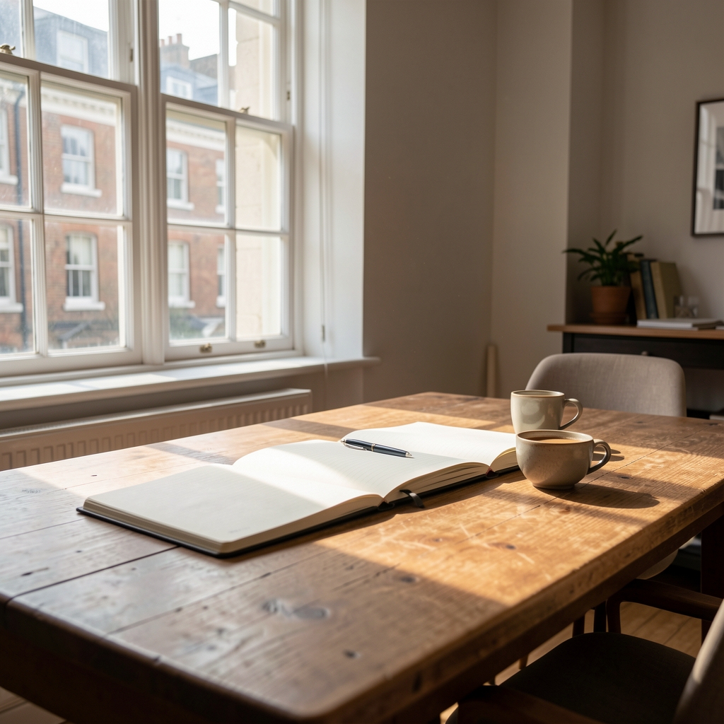Editorial workspace with open notebooks, a printed research document, and a coffee cup on a large wooden desk with bookshelf visible in the background, controlled warm studio lighting