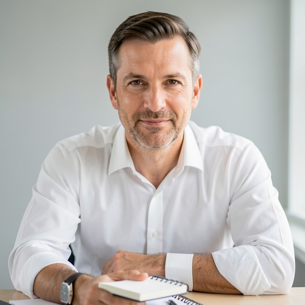Editorial portrait of a man in his forties in a bright minimal office, light grey wall, white shirt, notepad on desk, direct but warm gaze