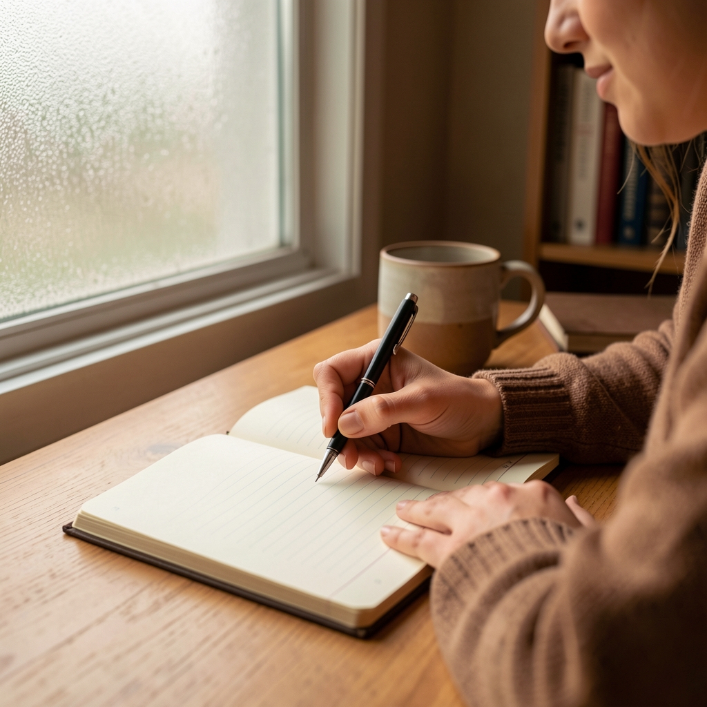 Close-up of a person writing in a lined journal at a desk near a frosted window, morning light diffused through the glass, warm toned interior with a ceramic mug